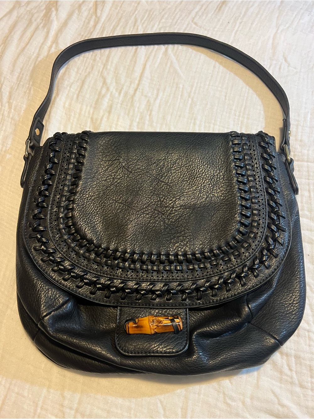 Big Buddha Black Leather Hobo with Braided Trim and Amber wood like Accent